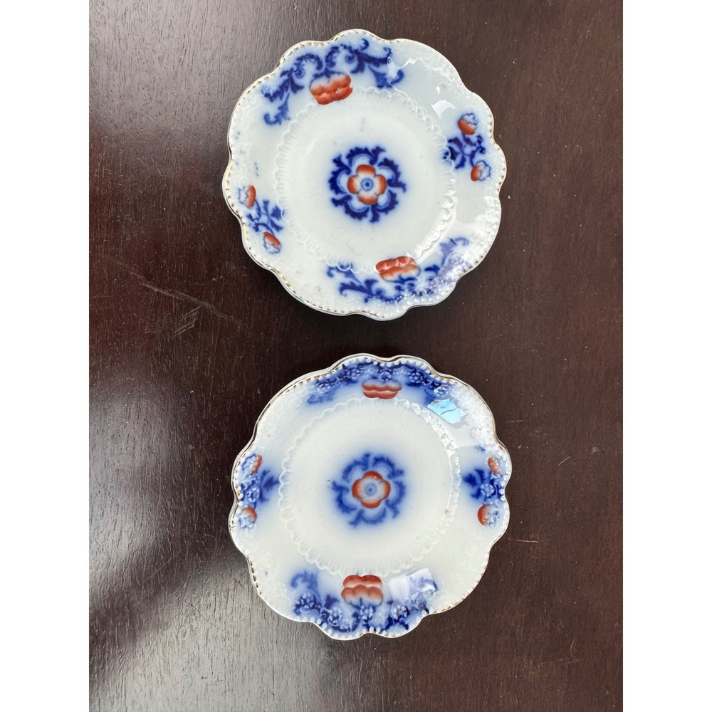 Pair Antique W.H. Grindley Countess Flow Blue Butter Pats Dishes c.1891 England